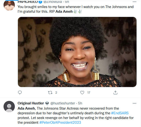 Nigerians express shock over news of Nollywood actress, Ada Ameh