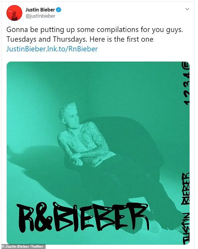 'R&Bieber': The 26-year-old Grammy winner was promoting the new bi-weekly compilations he's putting out on Tuesdays and Thursdays to entertain his fans confined in quarantine