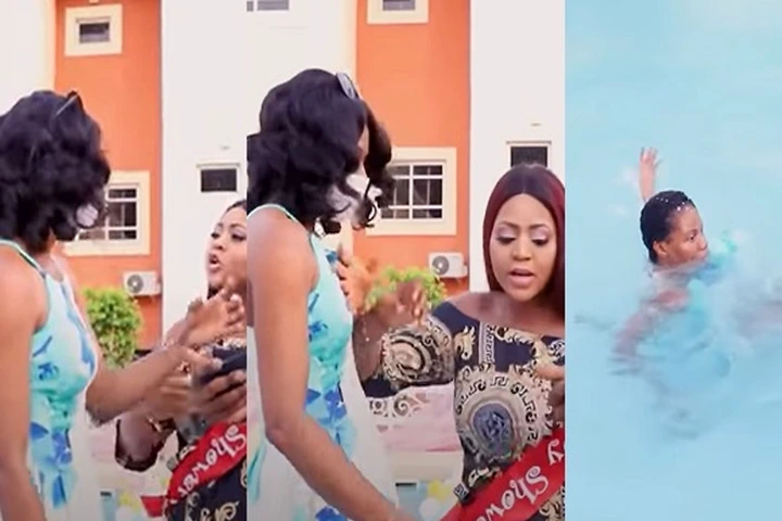 Regina Daniels Angrily Pushes House Help Into Swimming Pool For Arguing With Her