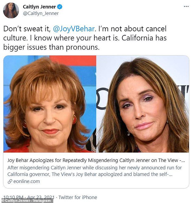 Caitlyn Jenner Tells Joy Behar Don T Sweat It After The View Co Host Apologized For