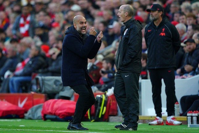 Ekspresi Josep Guardiola di laga Liverpool vs Manchester City, Minggu (3/10/2021) (c) PA via AP Photo