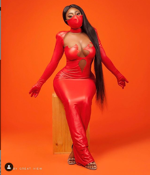 Actress, Yvonne Jegede stuns in cleavage-baring latex dress with matching nose masks (photos)