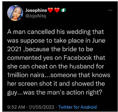 ad4da6cba12a45978712df92e333f4b4?quality=uhq&resize=720 Man cancels wedding with girlfriend over her online comment that she can cheat for 1 million