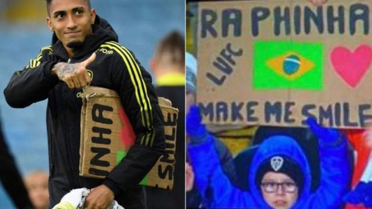 Little Leeds United fan in tears of joy as Raphinha takes home sign he held up all season at Elland Road