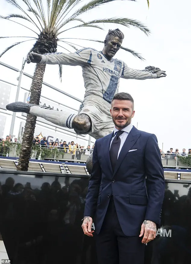 The big reveal: In March, David attended the LA Galaxy's 2-1 win over the Chicago Fire on the opening day of the 2019 MLS season, when the statue was unveiled