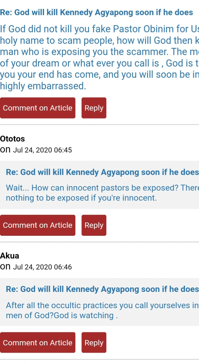 Angry Ghanaians React To Obinim's Claims That Kennedy Agyapong Will Dies If He Does Not Repent - Screenshots