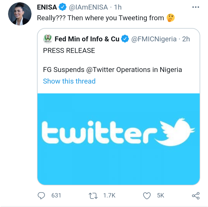 Enisa Nikaj reacts to Twitter ban in Nigeria