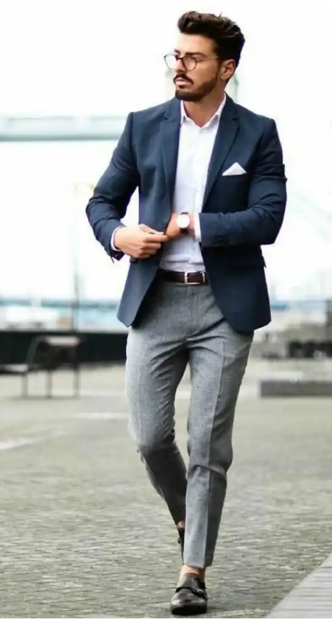 blue blazer white shirt grey pants