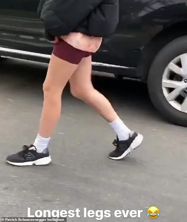 Hoofing it: Patrick filmed her for his Insta Stories as they walked and marveled at her gams, comparing her to 'a damn giraffe'