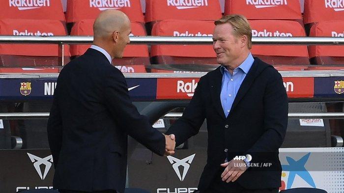 Pelatih Prancis Real Madrid Zinedine Zidane (kiri) menyapa pelatih Barcelona Belanda Ronald Koeman sebelum pertandingan sepak bola Liga Spanyol antara Barcelona dan Real Madrid di stadion Camp Nou di Barcelona pada 24 Oktober 2020.
LLUIS GENE / AFP
