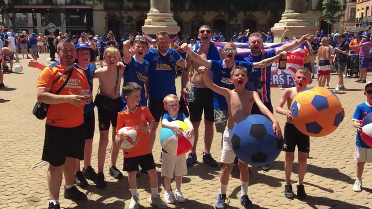 Thousands of Rangers fans gather in sun-soaked Seville plaza ahead of planned march to stadium