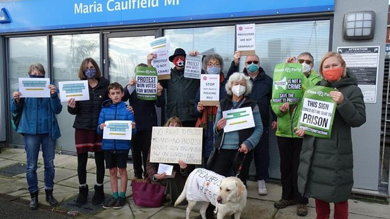 Cross-party group demonstrates for the right to protest outside office of Lewes MP Maria Caulfield