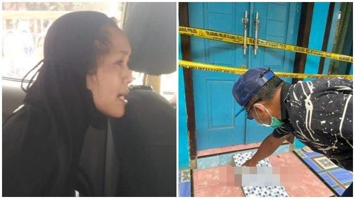 Salah satu warga menunjukkan bercak darah yang masih terlihat jelas di depan rumah pelaku pembunuhan yang merupakan ibu kandung kepada anaknya yang masih berusia 7 tahun. Berlokasi di Dukuh Sokawera, Desa Tonjong, Kecamatan Tonjong, Kabupaten Brebes, Minggu (20/3/2022).