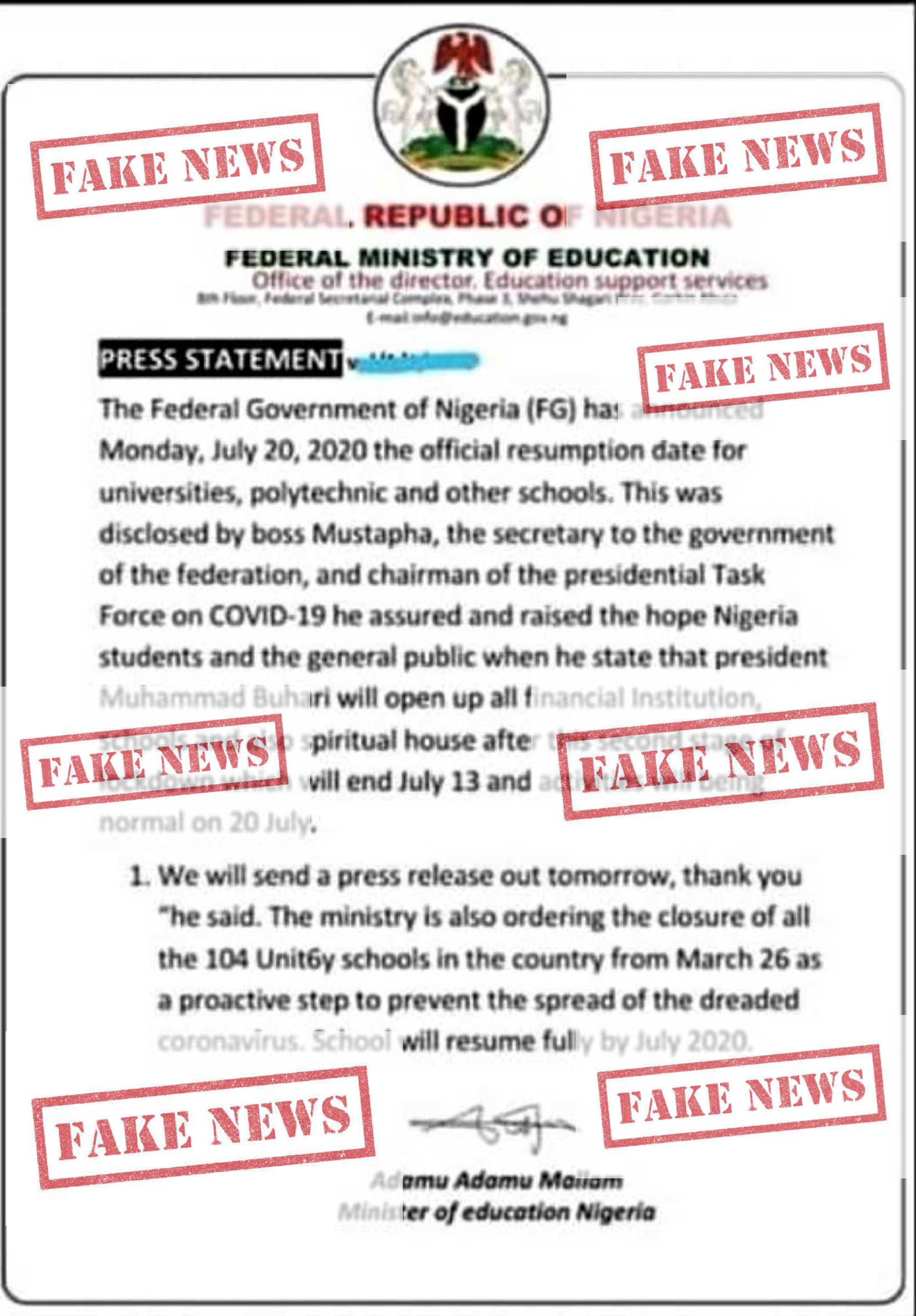 FG reacts to fake news about resumption of schools in July, makes clarification