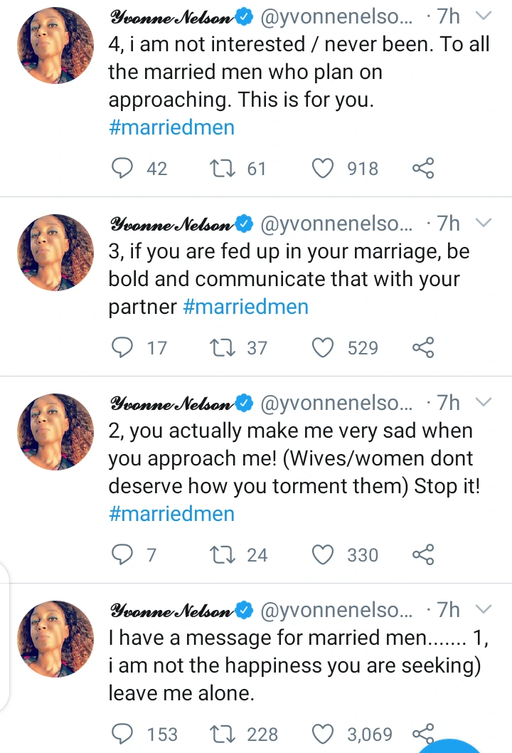 'I have a message for married men. I'm not the happiness you are seeking. Leave me alone' - Yvonne Nelson