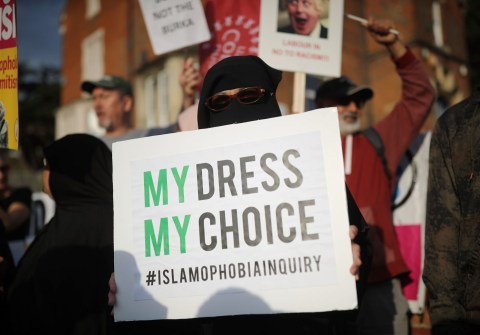 UXBRIDGE, ENGLAND - AUGUST 09: Local people protest outside the Hillingdon Conservative Association office on August 9, 2018 in Uxbridge, England. Today's protest is being held following comments made by former Foreign Secretary, Boris Johnson, against the wearing of Burkas by Muslim women in the United Kingdom. An independent panel will investigate complaints made regarding Mr Johnson's comments and possible breaches of the Conservative Party code of conduct. (Photo by Christopher Furlong/Getty Images)