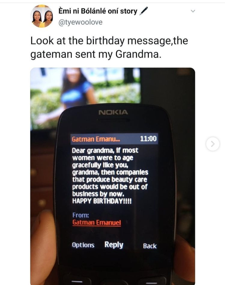 Lady shares lovely text message a gateman sent to her grandmother