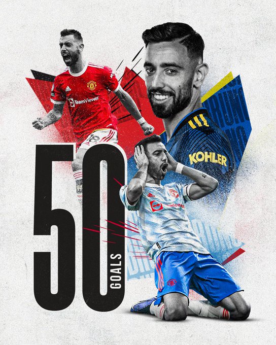 A graphic to celebrate Bruno Fernandes reaching 50 goals for United.