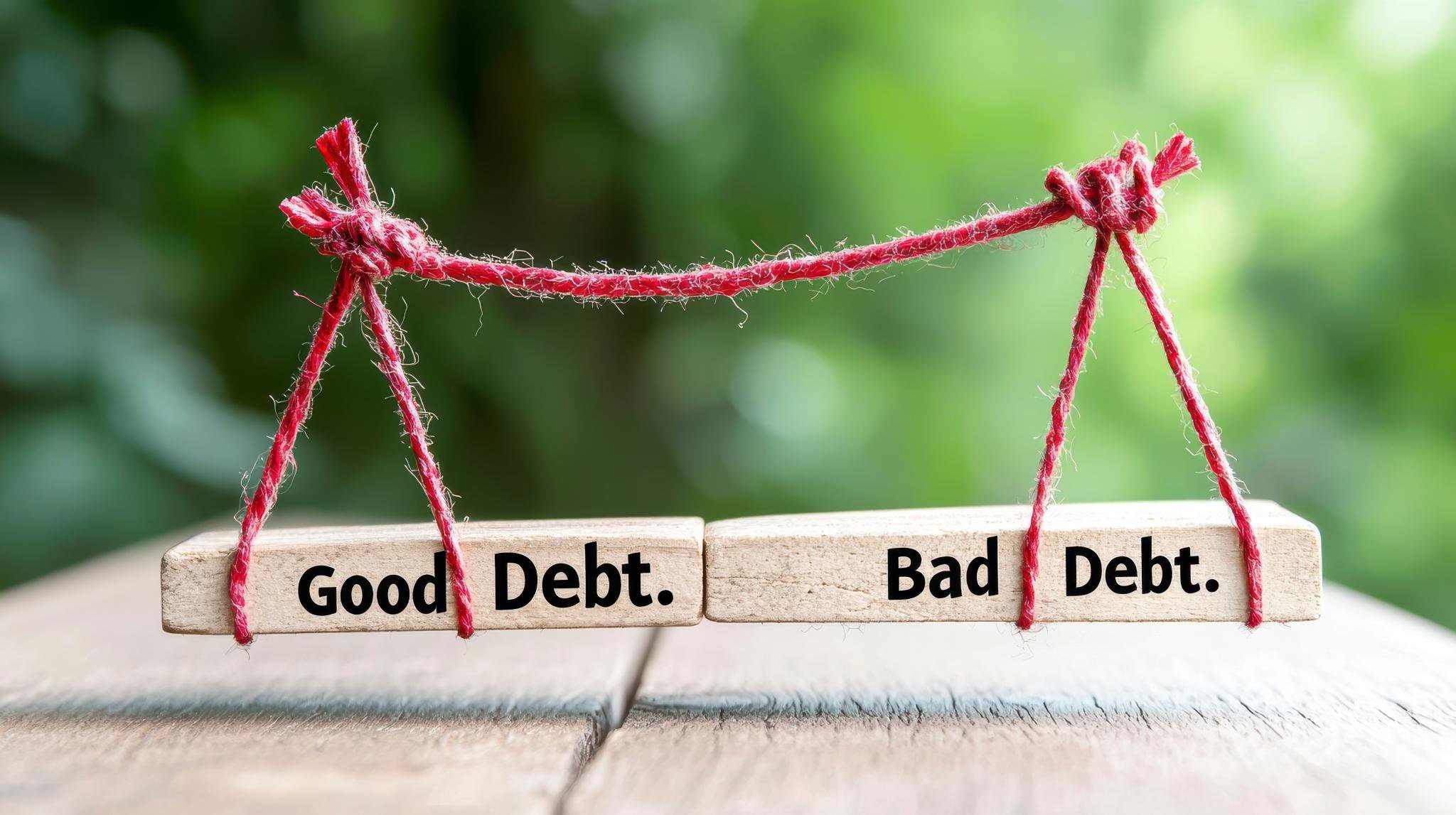 Conceptual image of "Good Debt" and "Bad Debt" balanced on a red string scale.