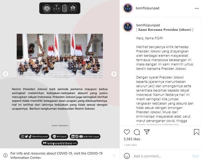 BEM FISIP Unpad Kritik Presiden Jokowi. (Instagram/@bemfisipunpad)