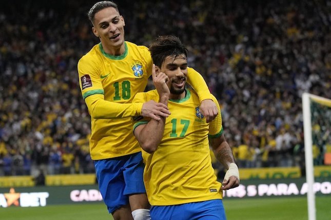 Lucas Paqueta merayakan golnya saat Brasil berjumpa Kolombia pada babak Kualifikasi Piala Dunia 2022 zona CONMEBOL (c) AP Photo