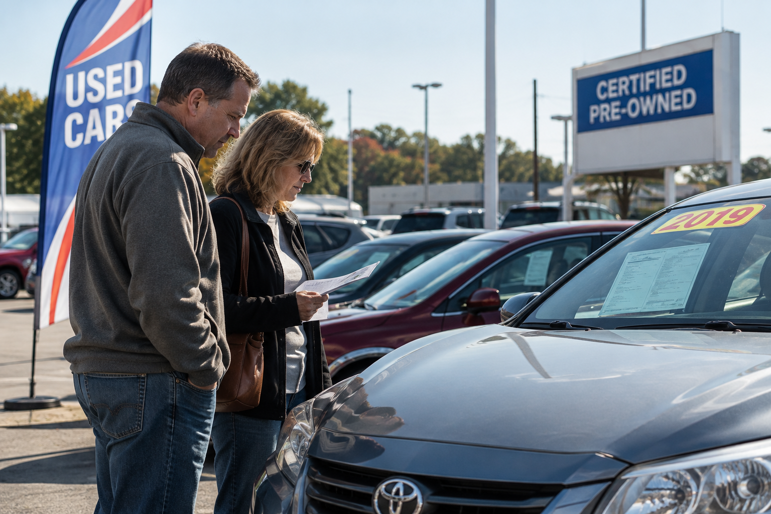 A man and woman standing at a car dealership looking at the window sticker of a gray Toyota.