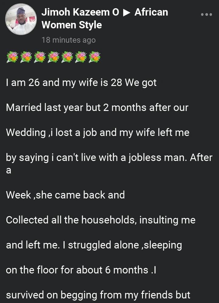 After I Lost My job, My Wife Left me, 6 Months later I was Offered N15 Million" Man Seeks Advice