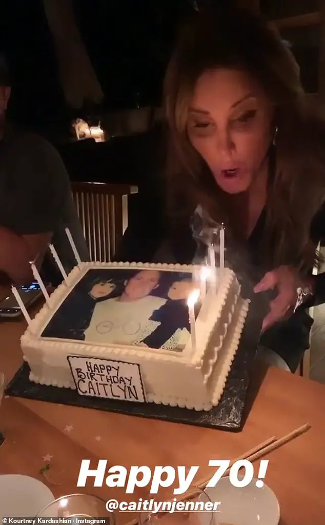 Remember when: In fact, the birthday cake Caitlyn enjoyed Tuesday was frosted with a throwback snap of her as Bruce holding Kylie and Kendall as little girls