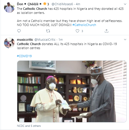 Nigerians heap praises on the Catholic church for donating all its 425 hospitals to FG as isolation centers