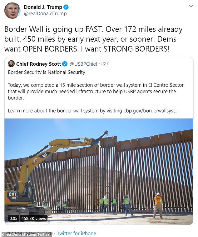 Trump now claims the border wall is a point of public health, claiming it will stop infected individuals from spreading coronavirus by illegally crossing the border into the U.S.