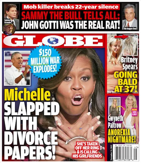 Michelle Obama making a shocked reaction on the cover of Globe with text referring to being slapped with divorce papers