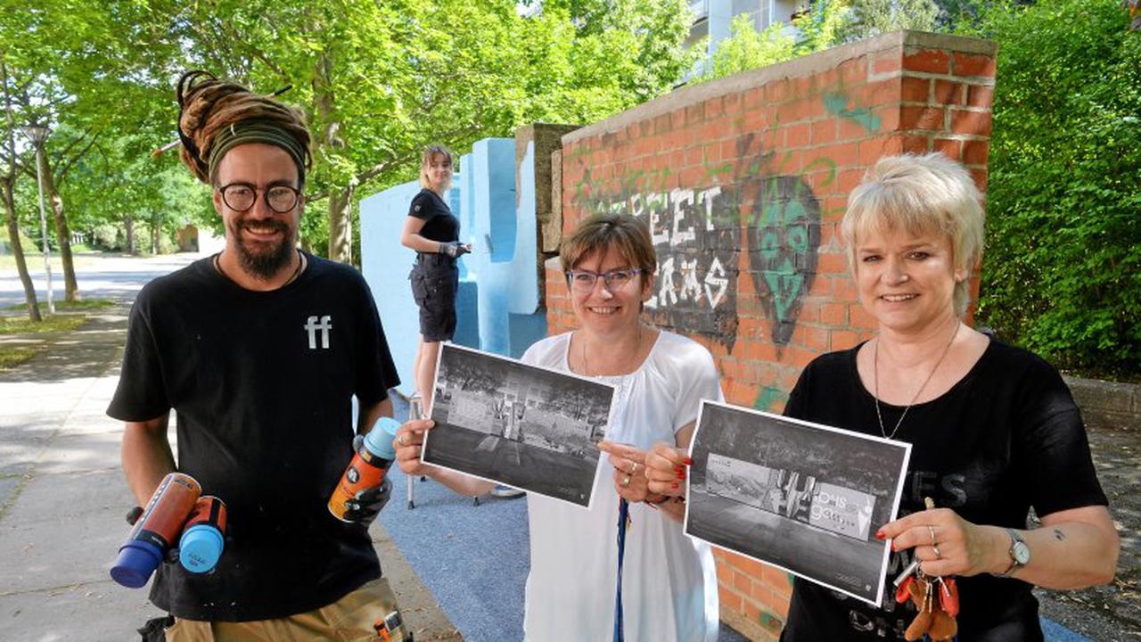 Streetart für die Städtefreundschaft: Alte Mauer vor Gera-Lusaner Schule bekommt Aufwertung