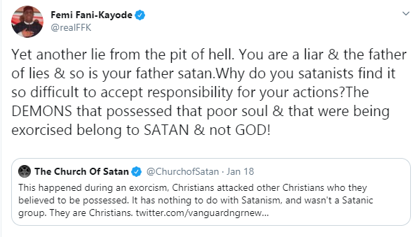 Femi Fani-Kayode and Church of Satan in Twitter showdown over pregnant woman and children killed by Christian sect lindaikejisblog 1