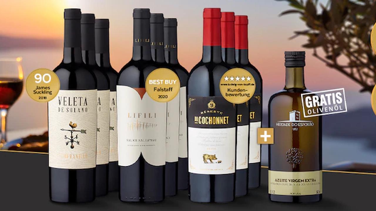 Mediterraner Genuss für Zuhause: 9 Flaschen Rotwein im Set mit hochwertigem Olivenöl gratis