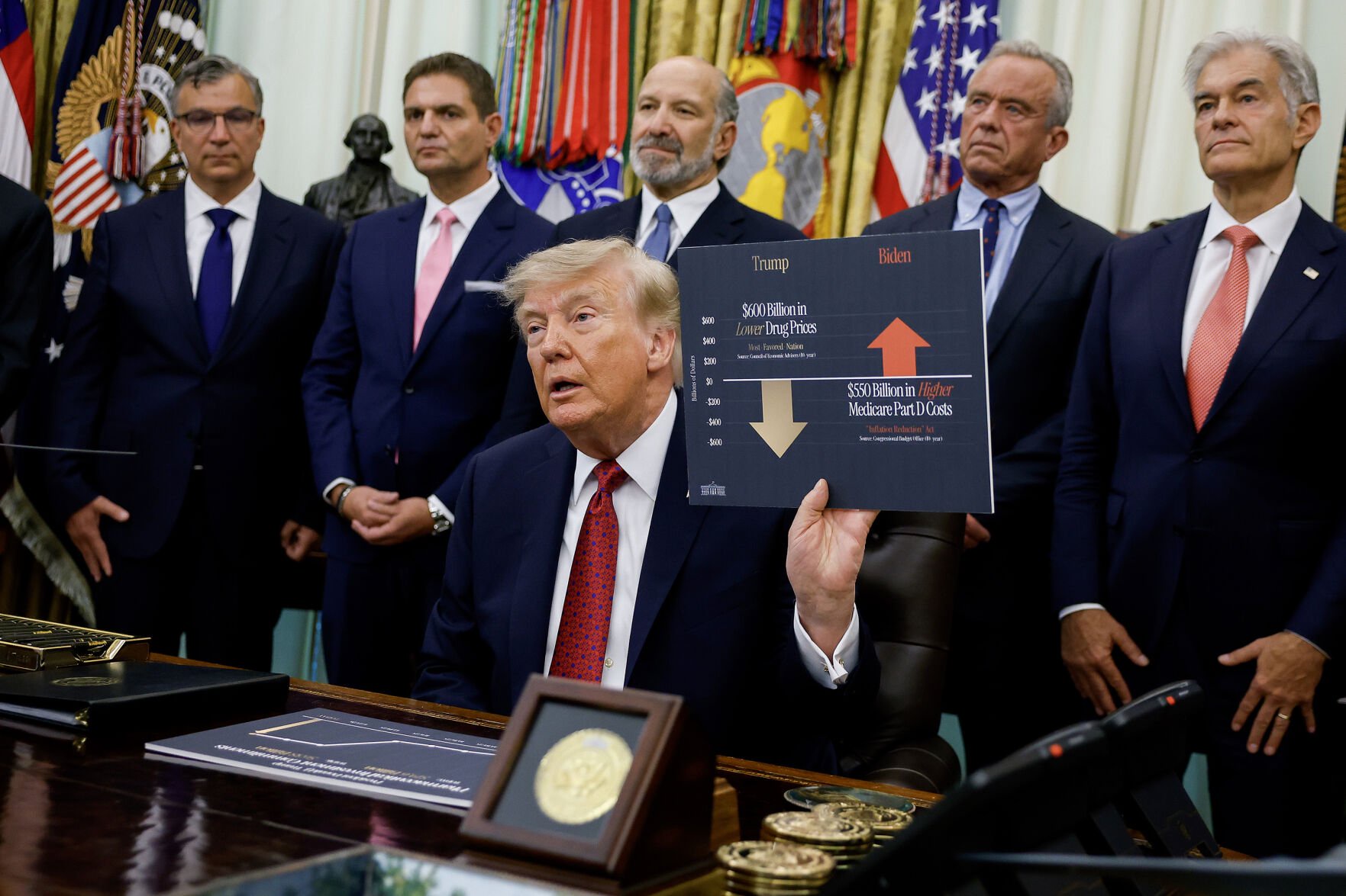 U.S. President Donald Trump, accompanied by, from left, B1 Medicines CEO John Oiler, Astellas Pharma President Michael Putrasis, Commerce Secretary Howard Lutnick, Health and Human Services Secretary Robert F. Kennedy Jr., and Administrator for the Cent...