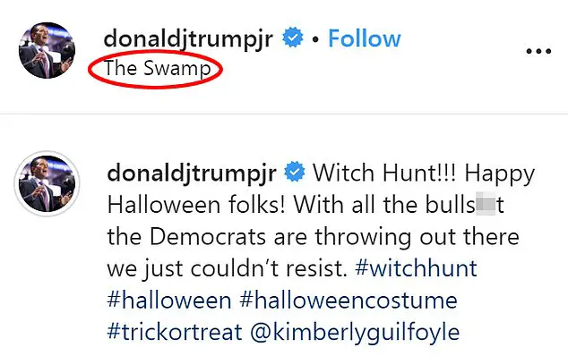 In the caption, Don Jr said the location the picture was shot was 'The Swamp' - a reference to Washington, DC. He writes: 'With all the bulls**t the Democrats are throwing out there we just couldn't resist.'
