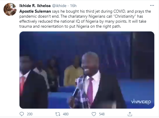 Christianity has reduced the national IQ of Nigerians by many points - Nigerians react after Apostle Suleman revealed he bought his 3rd jet during the pandemic and was praying for Covid not to end