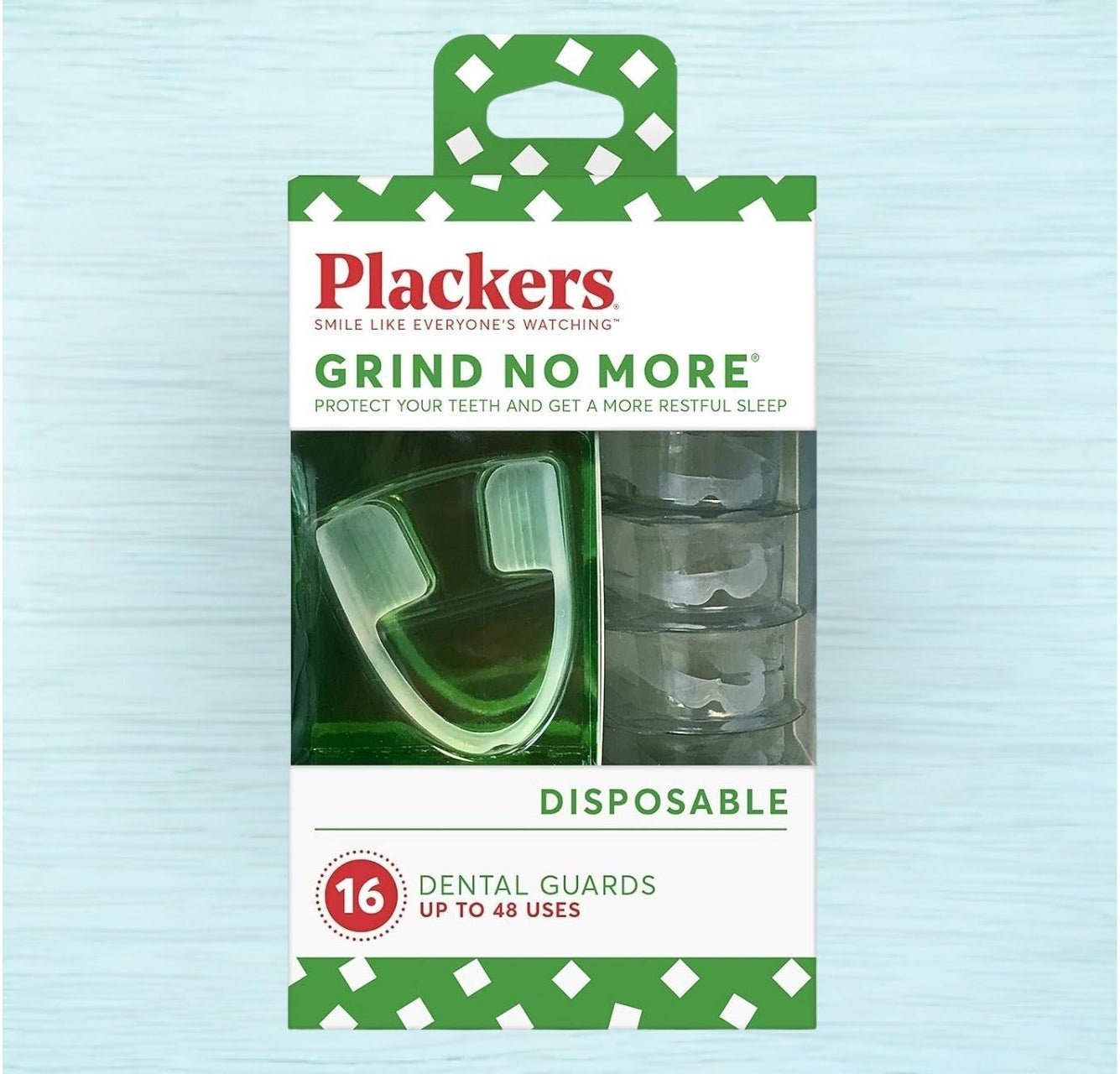 Pack of Plackers Grind No More disposable dental guards, 16 guards for up to 48 uses, shown in packaging with product branding