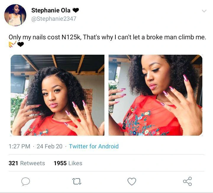 I Can’t Date Broke Guys, My Nails Alone Cost N125k – Yoruba Lady