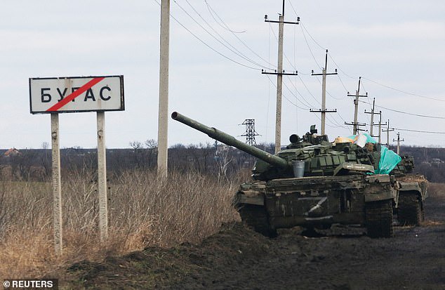 A tank with the symbol "Z" painted on its side is seen in the separatist-controlled village of Bugas during Ukraine-Russia conflict in the Donetsk region, Ukraine March 6, 202
