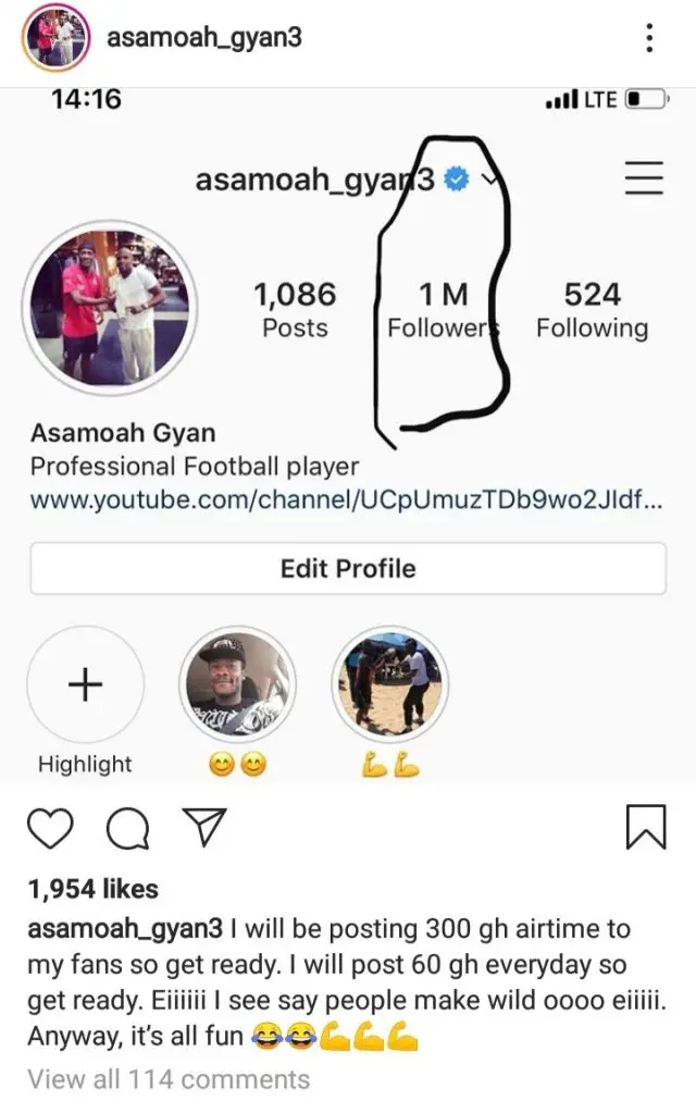 Asamoah Gyan celebrates 1M followers on Instagram & promises to award his fans