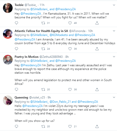 More than 70 women from South Africa share their rape stories on Twitter as they appeal to the presidency for help