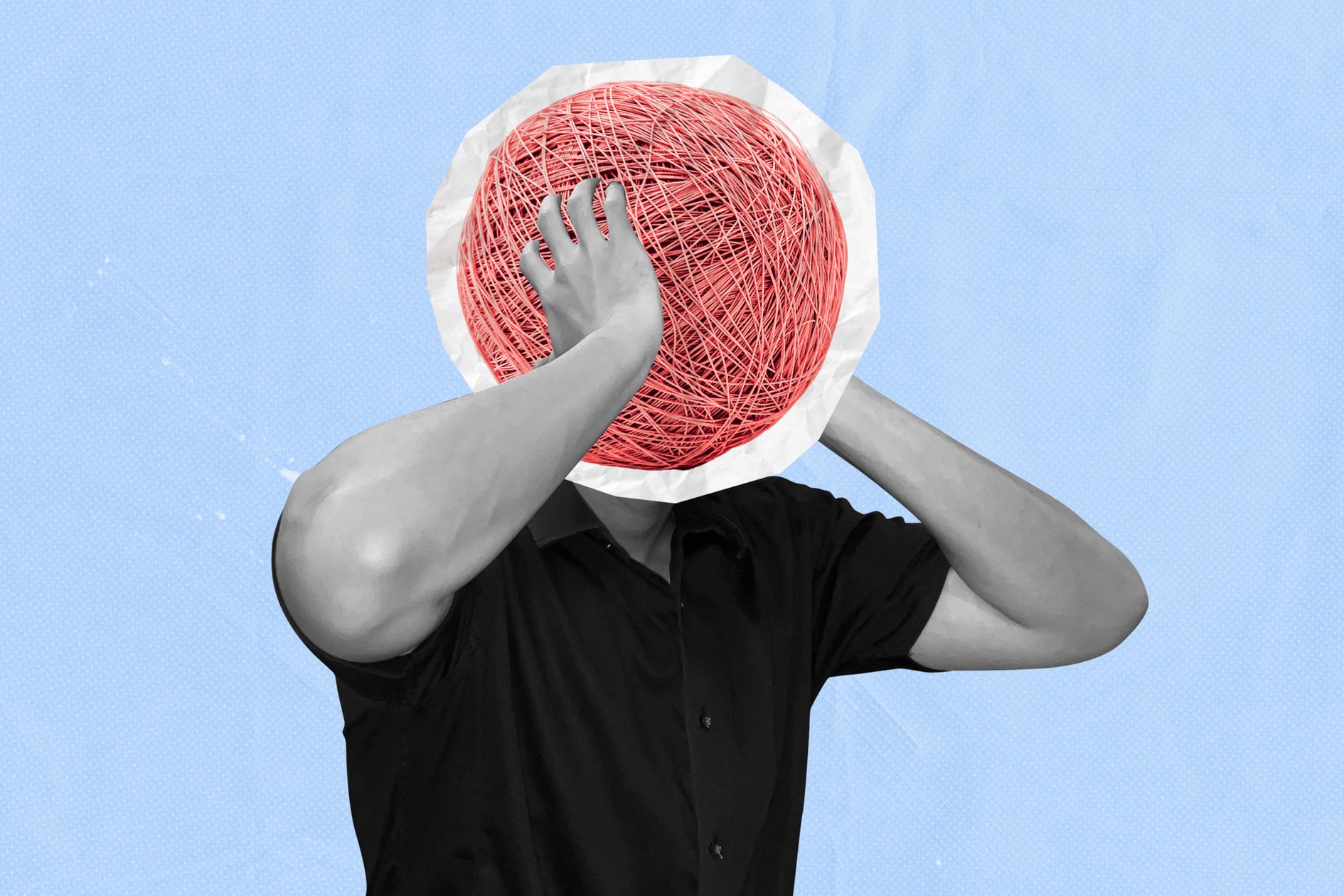 Collage of a person with a tangled red yarn ball as a head, symbolizing frustration, mental clutter, and stress.