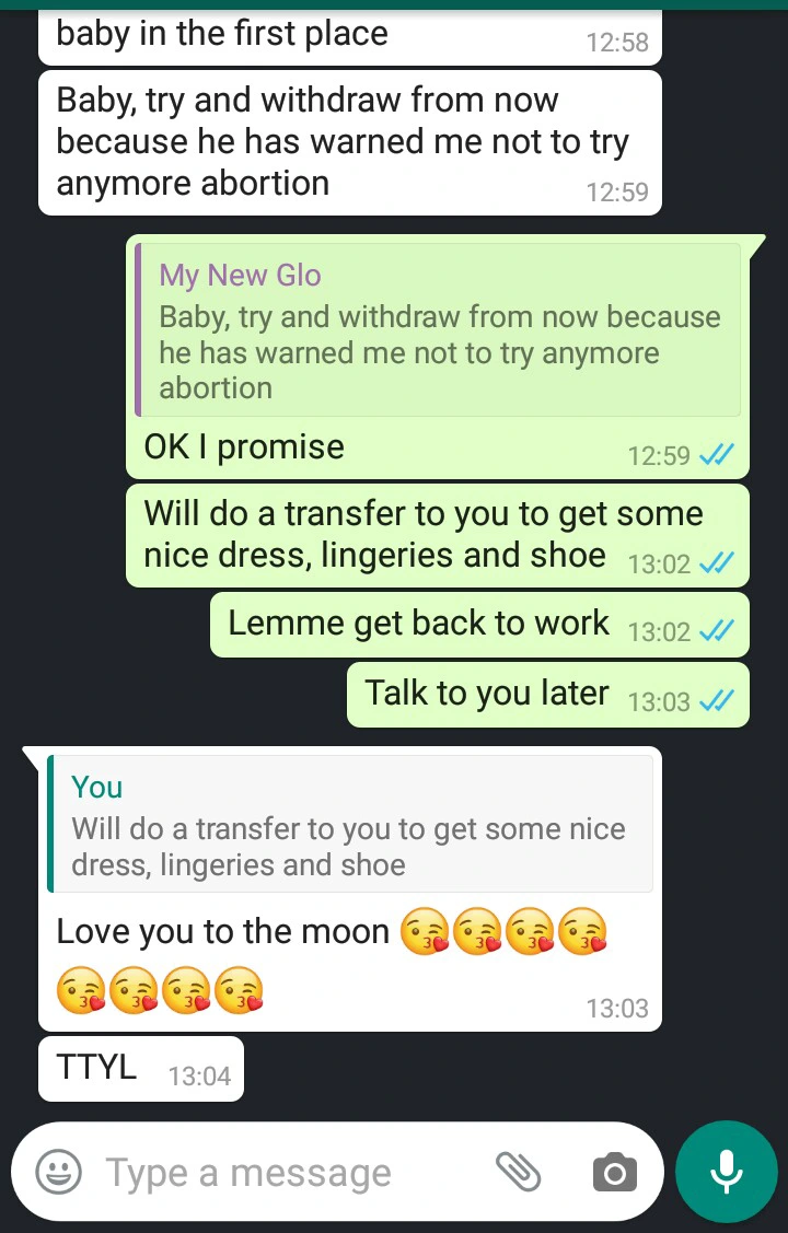 Chats of a lady who sleeps with her stepfather and nearly died from abortion leaks online (screenshots)