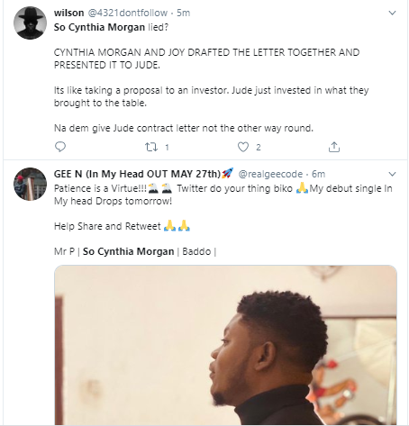 #SoCynthiaMorganLied is trending on Twitter after Jude Okoye released copies of their contract which revealed they had a 50-50 sharing formula