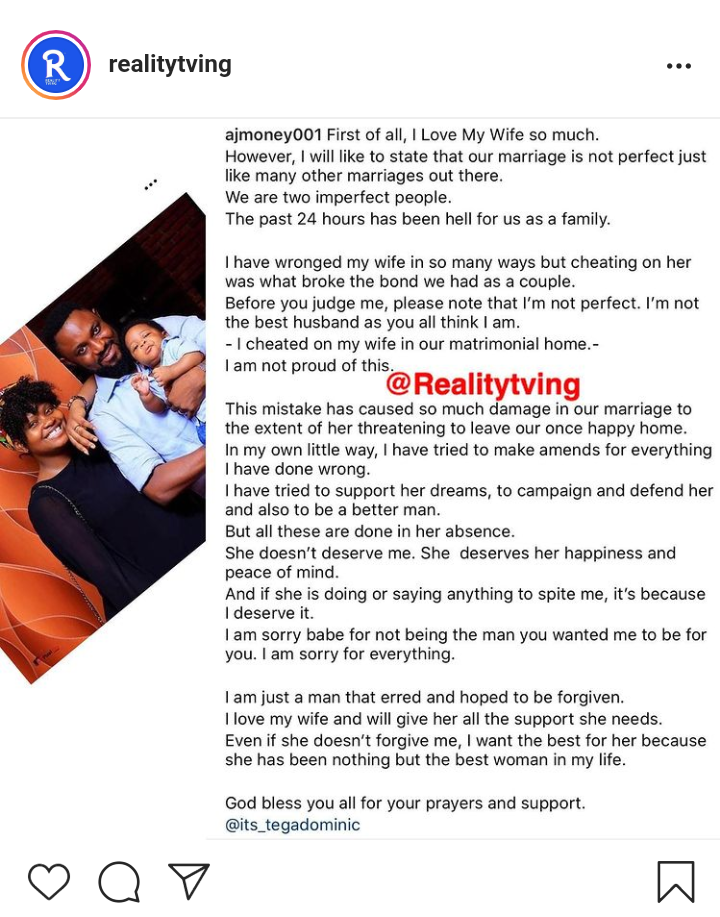 I cheated on my wife & I deserve everything she is doing to spite me - Tega's husband