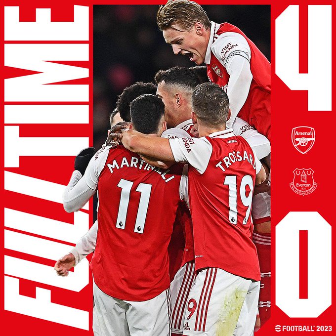 FULL TIME: Arsenal 4-0 Everton (Saka, Martinelli x2, Odegaard)