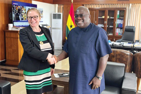 Julius Debrah (right), the Chief of Staff, in a handshake with Ambassador Ranall 