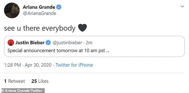 Special announcement: Justin Bieber and Ariana Grande took to Twitter on Thursday afternoon to tease fans about a 'special announcement' coming on Friday morning