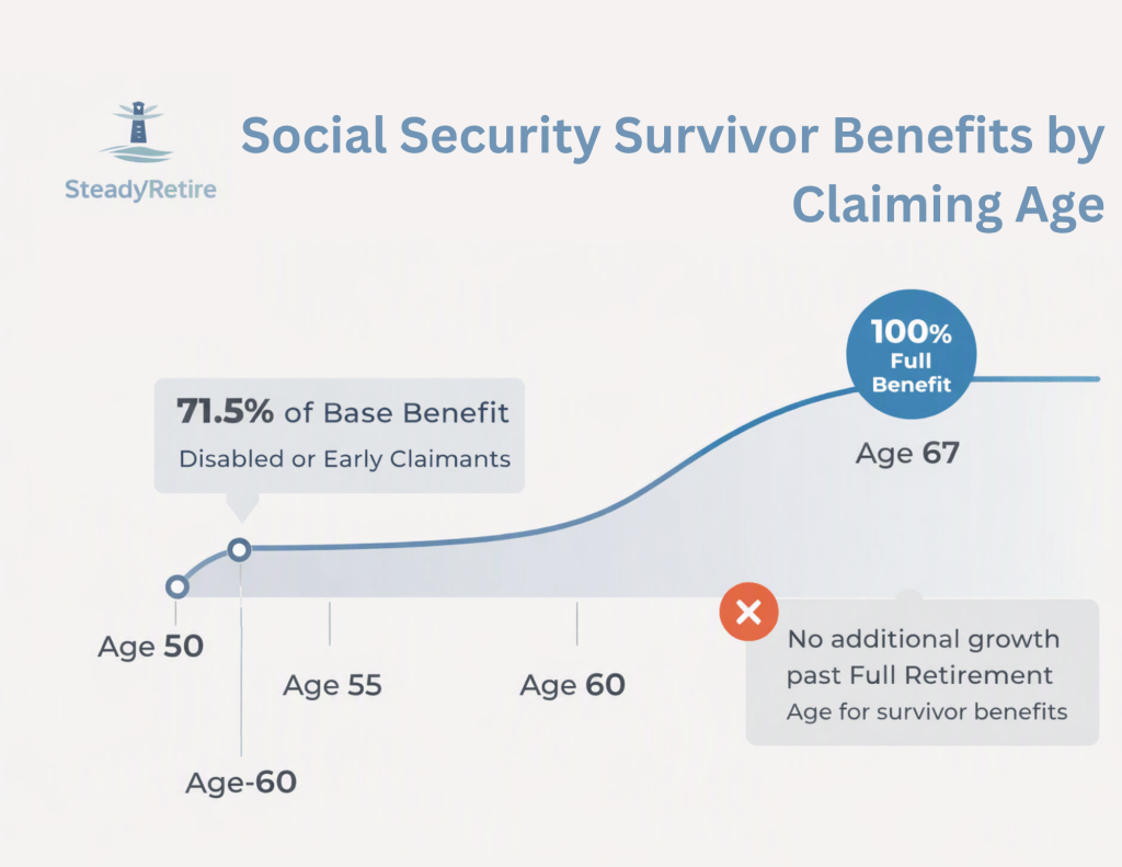 Graph showing Social Security Survivor Benefits based on claiming age, indicating 71.5% of base benefit for claims at age 50 and 100% full benefit at age 67, with a note that there is no additional growth after full retirement age.